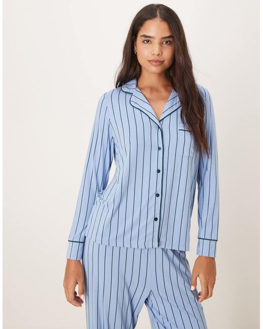 ASOS Blue Super Soft Long Sleeve Shirt & Trouser Pyjama Set With Contrast Piping