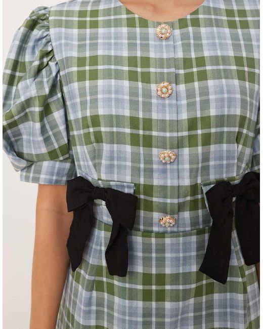 Sister Jane Green Puff Sleeve Tailored Mini Dress With Bow Detail