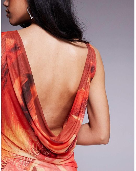 ASOS Red Deep Cowl With Twisted Strap Mesh Maxi Dress