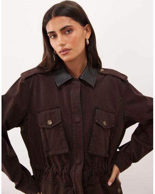 GOOD AMERICAN Brown Faux Leather Collar Field Jacket