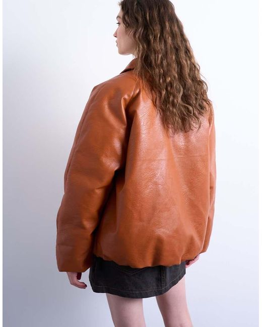 TOPSHOP Brown Faux Leather Padded Puffer Jacket