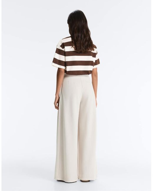 Oysho White Cotton Wide-Leg Pique Pleated Trousers