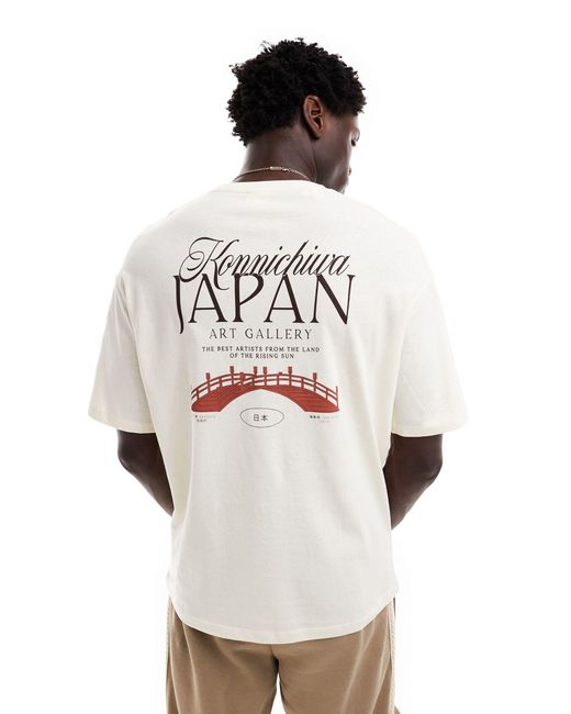 T-shirt oversize à imprimé japan art gallery au dos - crème SELECTED pour homme en coloris White