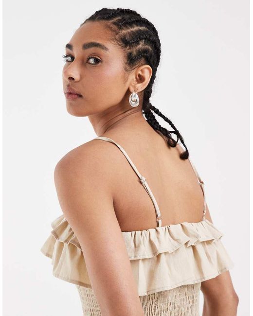 ASOS Natural Co Ord Shirred Frill Linen Blend Cami Top