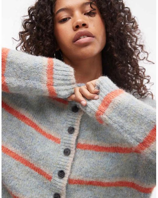 TOPSHOP Gray Knitted Oversized Boxy Stripe Cardigan
