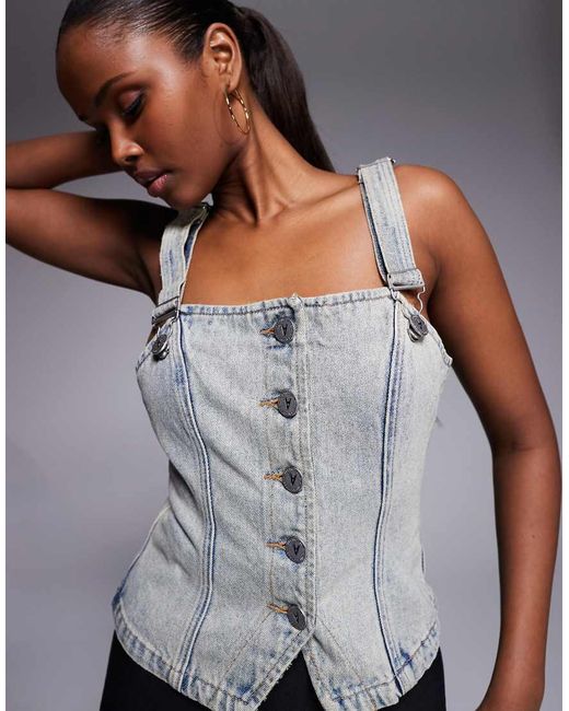 Abrand Jeans Gray Denim Halter Neck Buttoned Waistcoat Co-ord