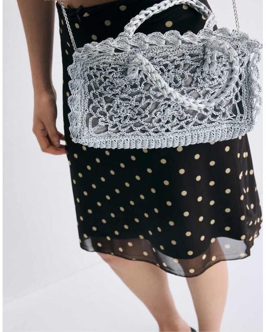 Stradivarius Gray Metallic Yarn Crochet Tote Bag