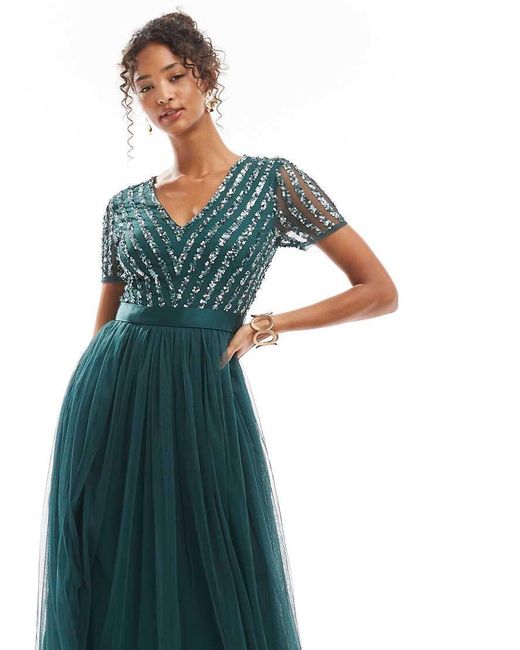 Maya Blue Belted Stripe Embellished Bridesmaid Maxi Dress