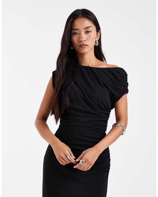 Six Stories Black Bridesmaids Stretch Asymmetric Shoulder Detail Maxi Dress With Ruching