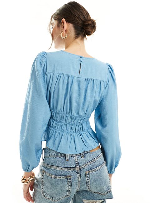 Vero Moda Blue Long Sleeved Ruched Smock Top