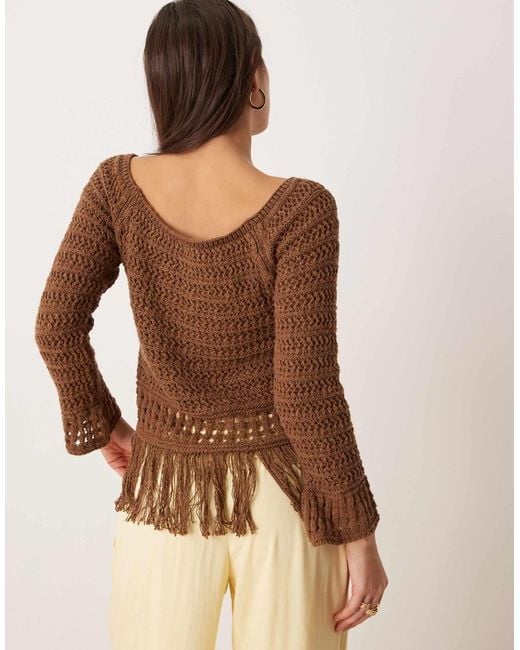 ASOS Brown Crochet Look Off Shoulder Jumper With Fringe Hem