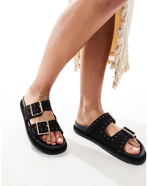 New Look Black Chunky Double Strap Flat Sandal With Studs