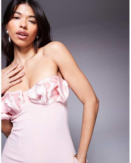 ASOS Pink Scuba Bandeau Midi Dress With Pleated Satin Bust Cups
