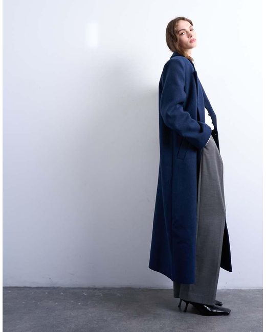 TOPSHOP Blue Oversized Double Breasted Mensy Overcoat With Wool