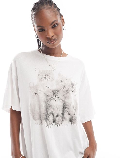 Weekday White Emy Oversized T-shirt With Cat Photographic Pirnt