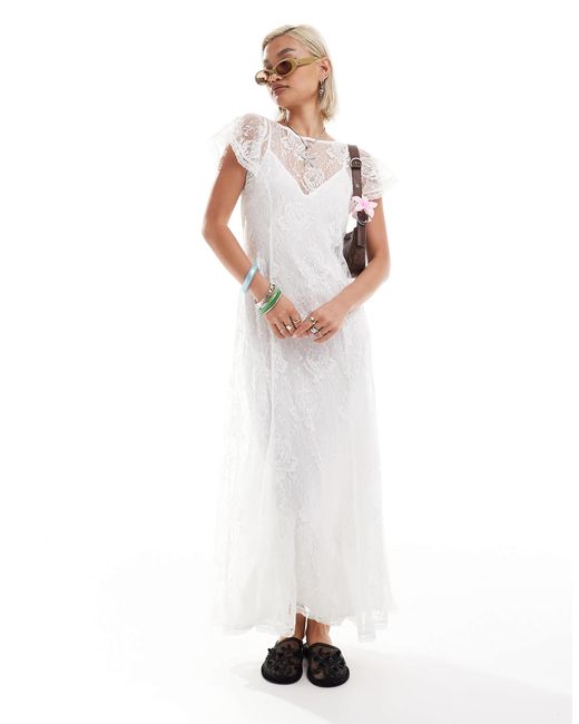 white and cream lace dress Cream lace maxi dress with self back tie Large / Beige main image 0