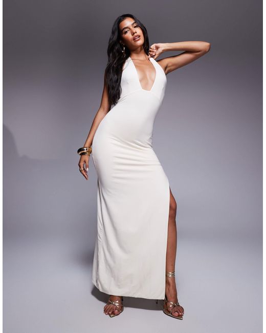 Oh Polly Gray Mei Plunge Thigh Split Midaxi Dress