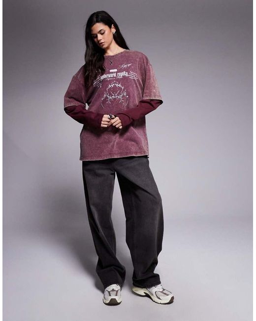 Liquor N Poker Purple Oversized Long Sleeve T-Shirt With Broken Hearts Graphic