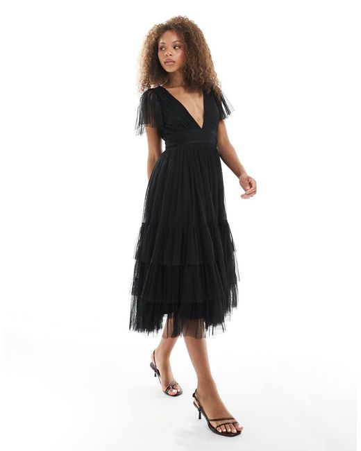 LACE & BEADS Black Bridesmaid Madison Midi Dress