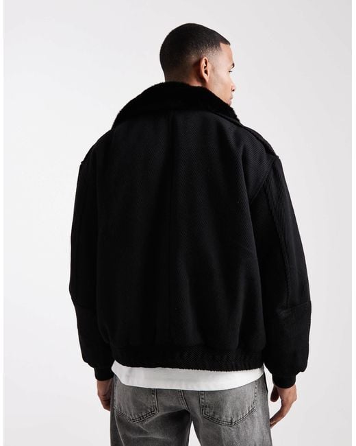 ASOS Black Wool Look Bomber Jacket With Faux Fur Collar for men