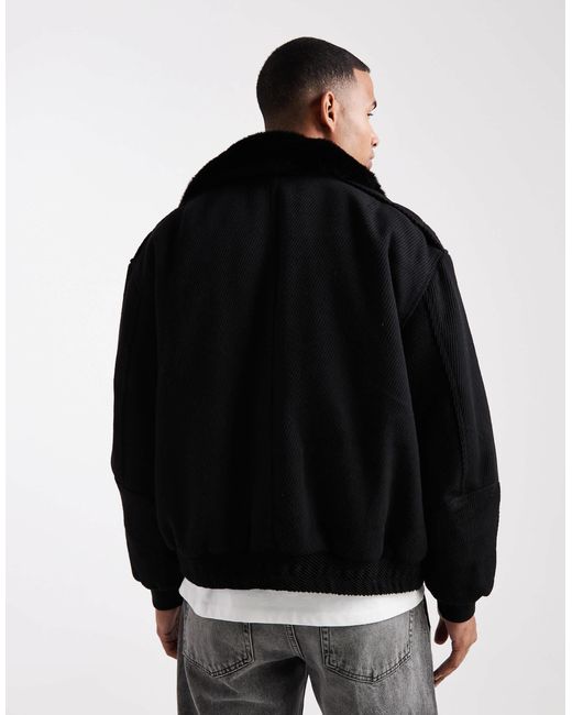 Bomber aspect laine avec col en fausse fourrure ASOS pour homme en coloris Black