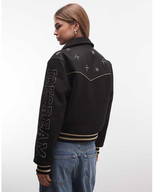 ICECREAM Blue Diamante Logo Western Varsity Jacket