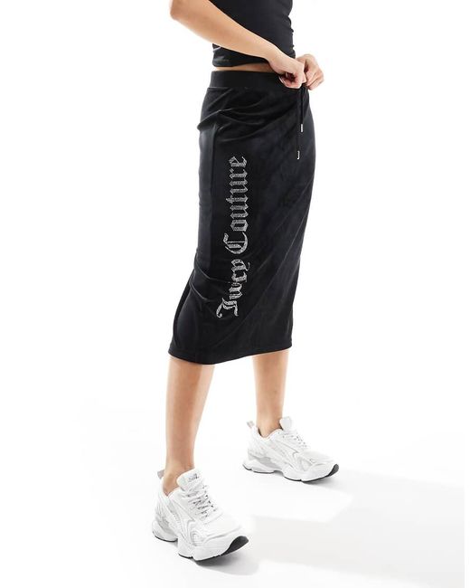 Juicy Couture Black Velour Logo Midi Skirt