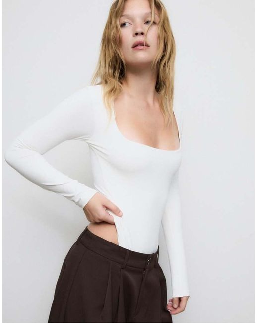 Stradivarius Black Polyamide Bodysuit With Square Neckline