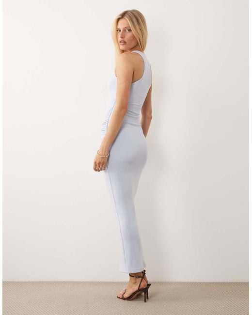 Ruched & Ready White Halterneck Scoop Neck Gathered Waist Metal Hardware Detail Maxi Dress
