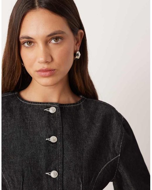 ASOS Getailleerde Denim Top Met Korte Mouwen Zonder Kraagje in het Black