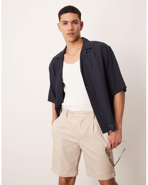 ASOS Blue Smart Straight Linen Blend Chino Shorts With Front Pleat for men