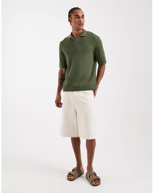 Only & Sons Green Open Knit Split Neck Polo for men