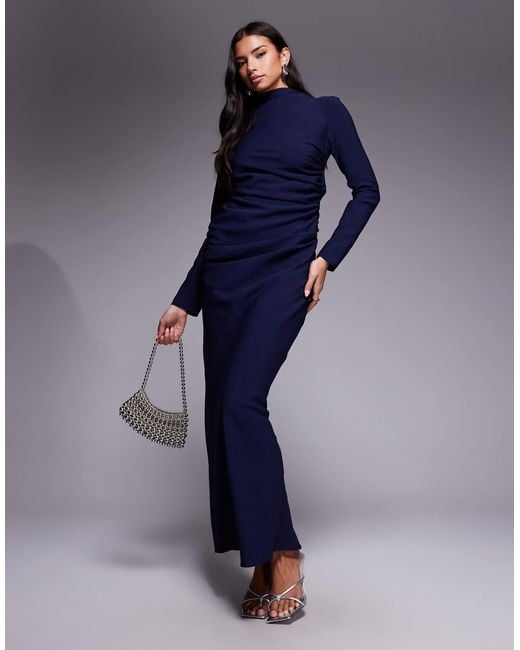 ASOS Women's Blue High Neck Ruched Side Maxi Dress