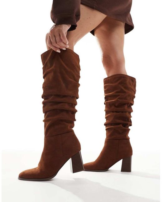 New Look Faux Suede Ruched Block Heel Knee Boot in Brown | Lyst UK