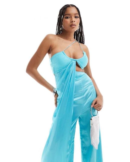 ASOS Blue Satin Chiffon Mix Cut Out Wide Leg Jumpsuit