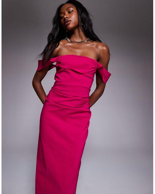 Vesper Pink Bengaline Off Shoulder Ruched Waist Detail Side Split Maxi Dress