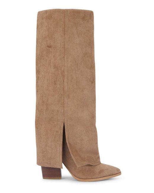 SEQWL Brown Fold Over Knee High Boots With Pointed Toe And Block Heel