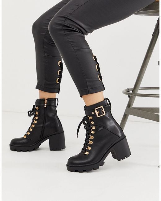 Public Desire Swag Black Chunky Lace Up Boots With Gold Hardware