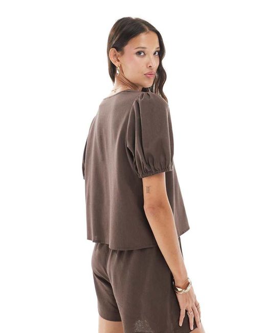 Pieces Brown Tie Detail Short Sleeve Top Co-ord