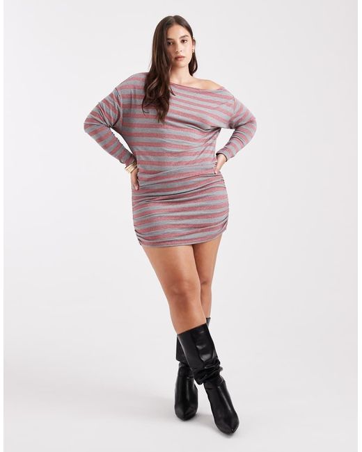 Collusion Purple Plus Stripe Off-shoulder Dress
