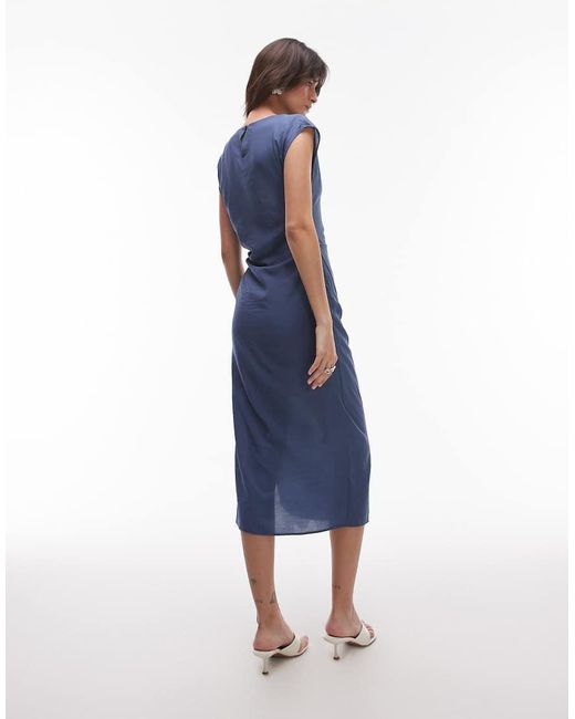 Vestido Midi Petróleo Con Mangas De Casquillo Y Lateral Fruncido De Mango de color Blue