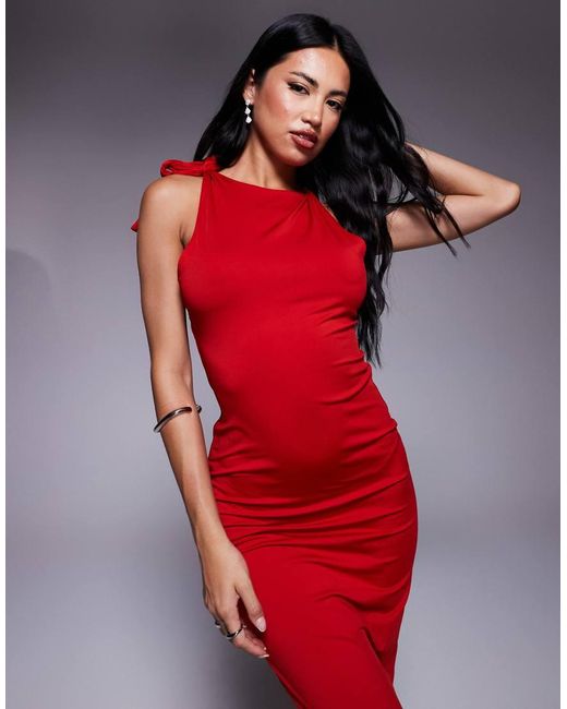 Aria Cove Red Double Sculpted Slinky Tie Shoulder Detail Bodycon Maxi Dress