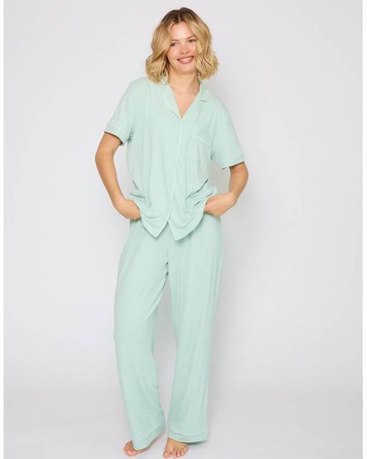 Loungeable Green Rib Short Sleeve Traditional Shirt And Long Pant