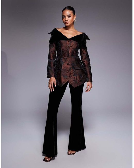 ASOS Black Co-Ord Jacquard Off Shoulder Blazer With Velvet Detail