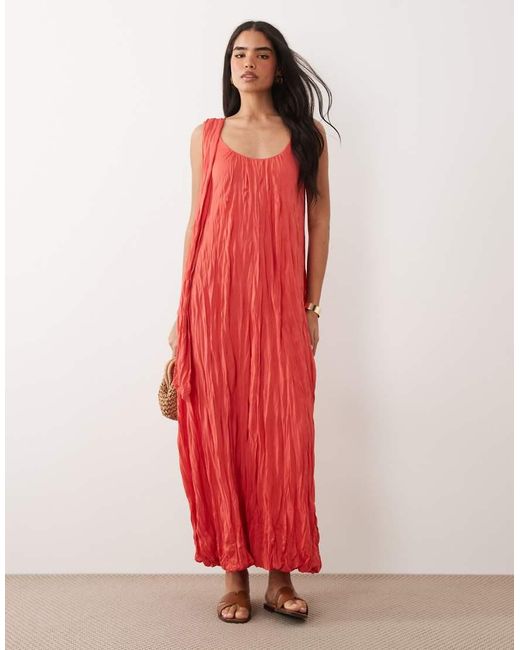 ASOS Red Crinkle Scoop Neck Maxi Dress With Scarf Detail