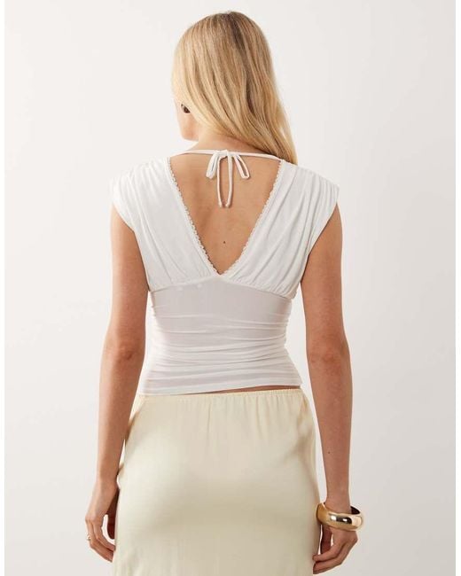 Miss Selfridge Natural V-neck Ruched Tank Top With Picot Trim