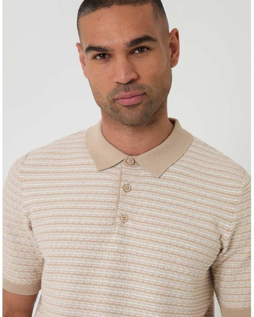 Threadbare Natural Textured Stripe Short Sleeve Knitted Polo for men