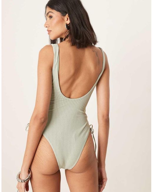 ASOS Natural Kai Textured Tie Side Swimsuit With Pearl Trim