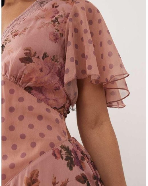 Reclaimed Vintage Pink Midi Tea Dress With Lace Trim And Flutter Sleeves