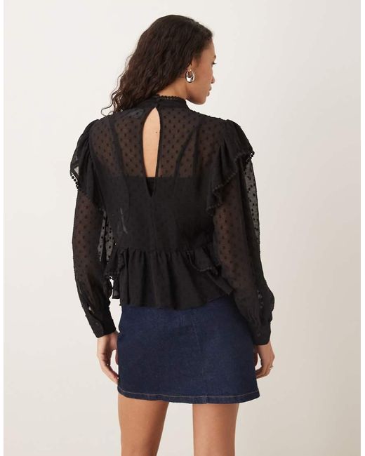ASOS Black Ruffle And Embroidery Detail Long Sleeve Blouse